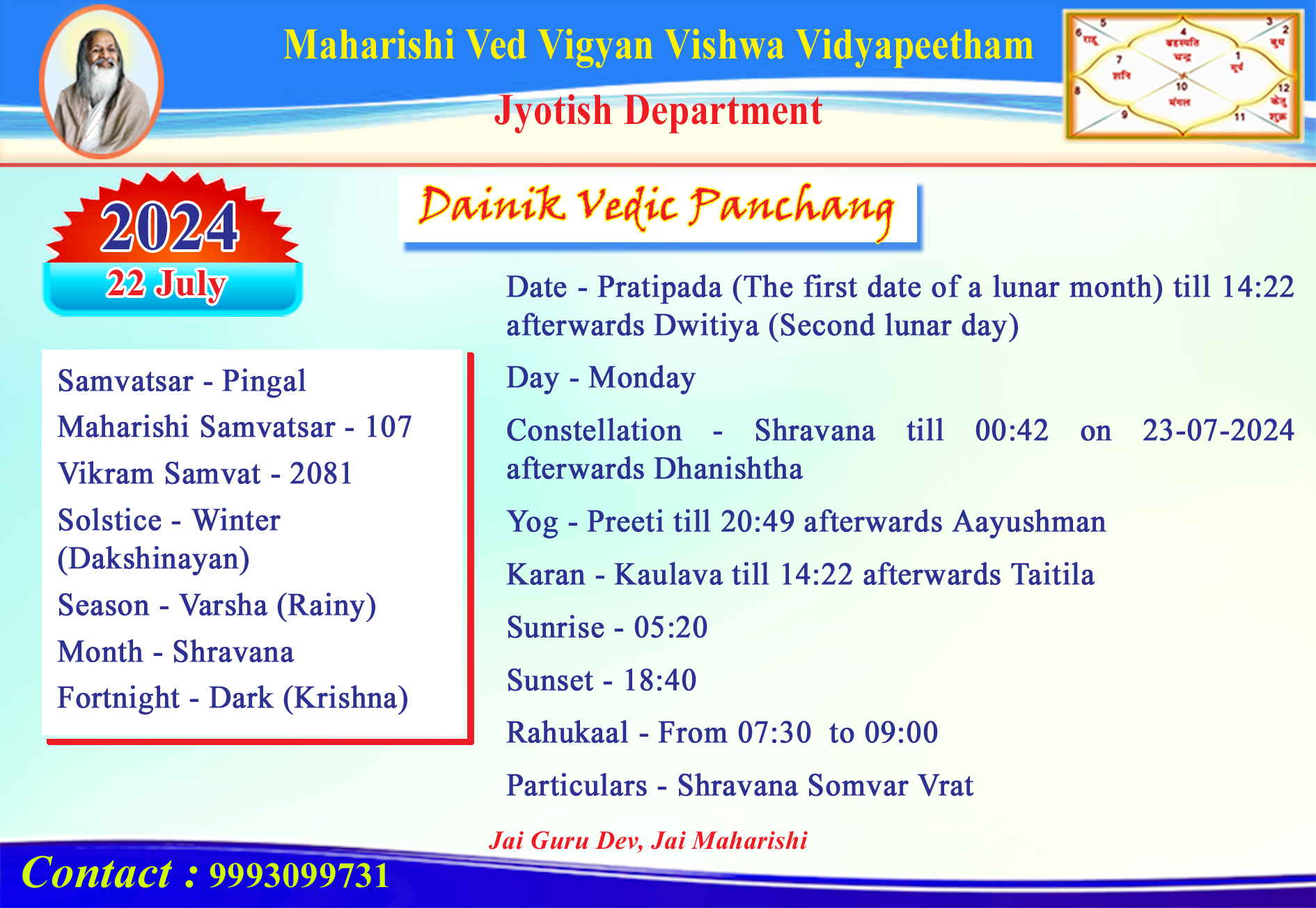 Dainik Vedic Panchang 22-July-2024
